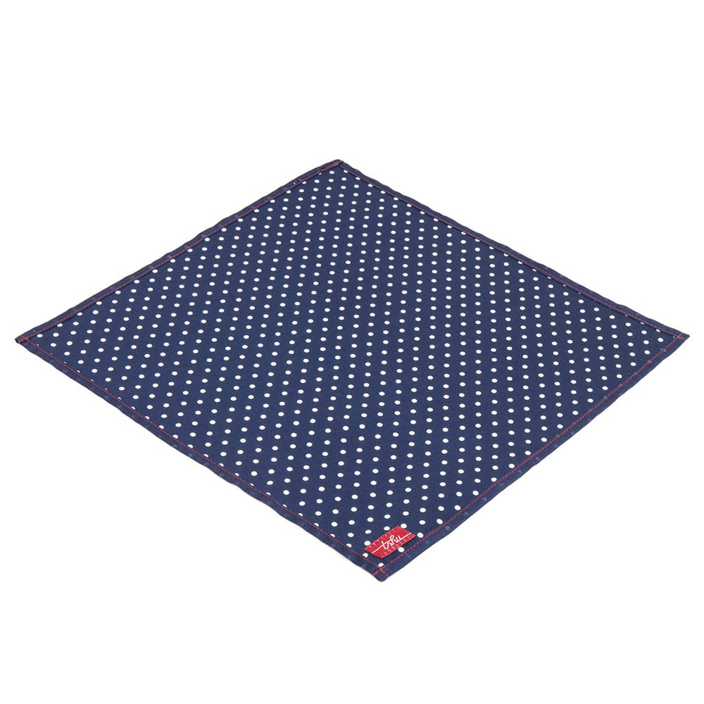 blue hanky with white polka dots, single ply